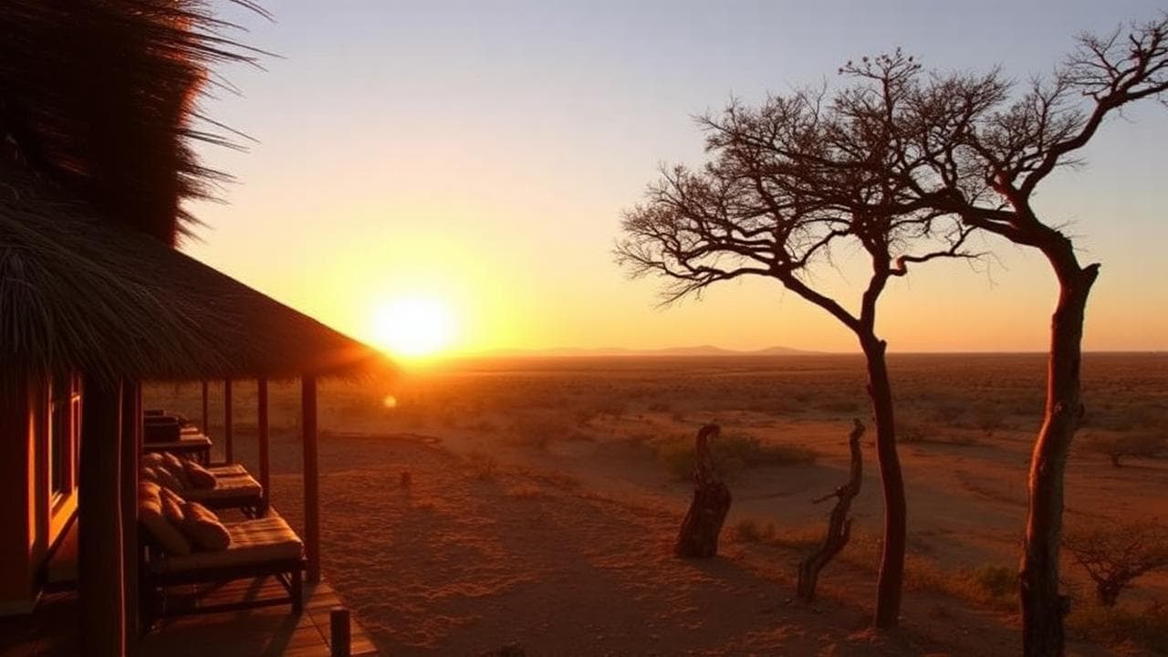 Namibian desert lodge at sunset